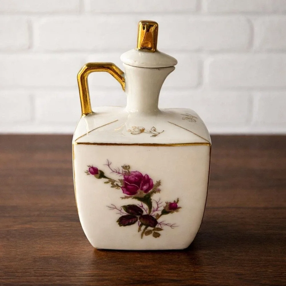 Vintage Porcelain Vanity Bottle Gold Handle Stopper Japan Floral Grandmillennial